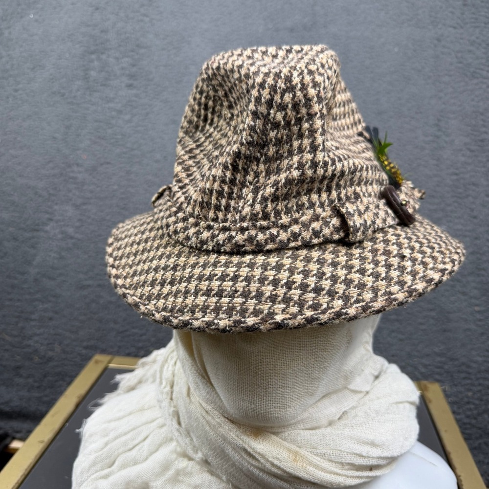 Old Village Shop Vintage Brown Houndstooth Fedora Hat with Feather Detail